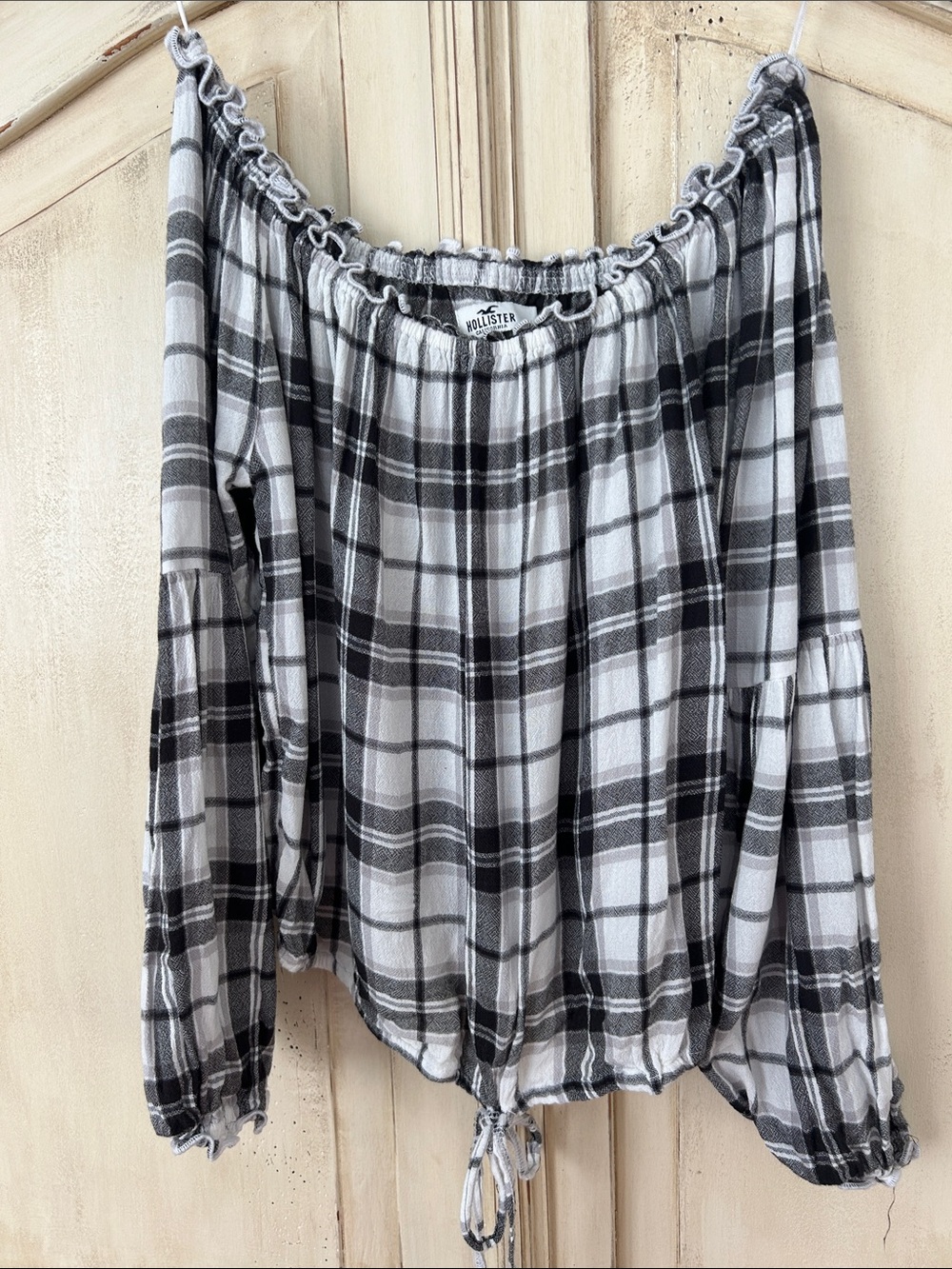 Hollister Black & White Plaid Off-Shoulder Tunic